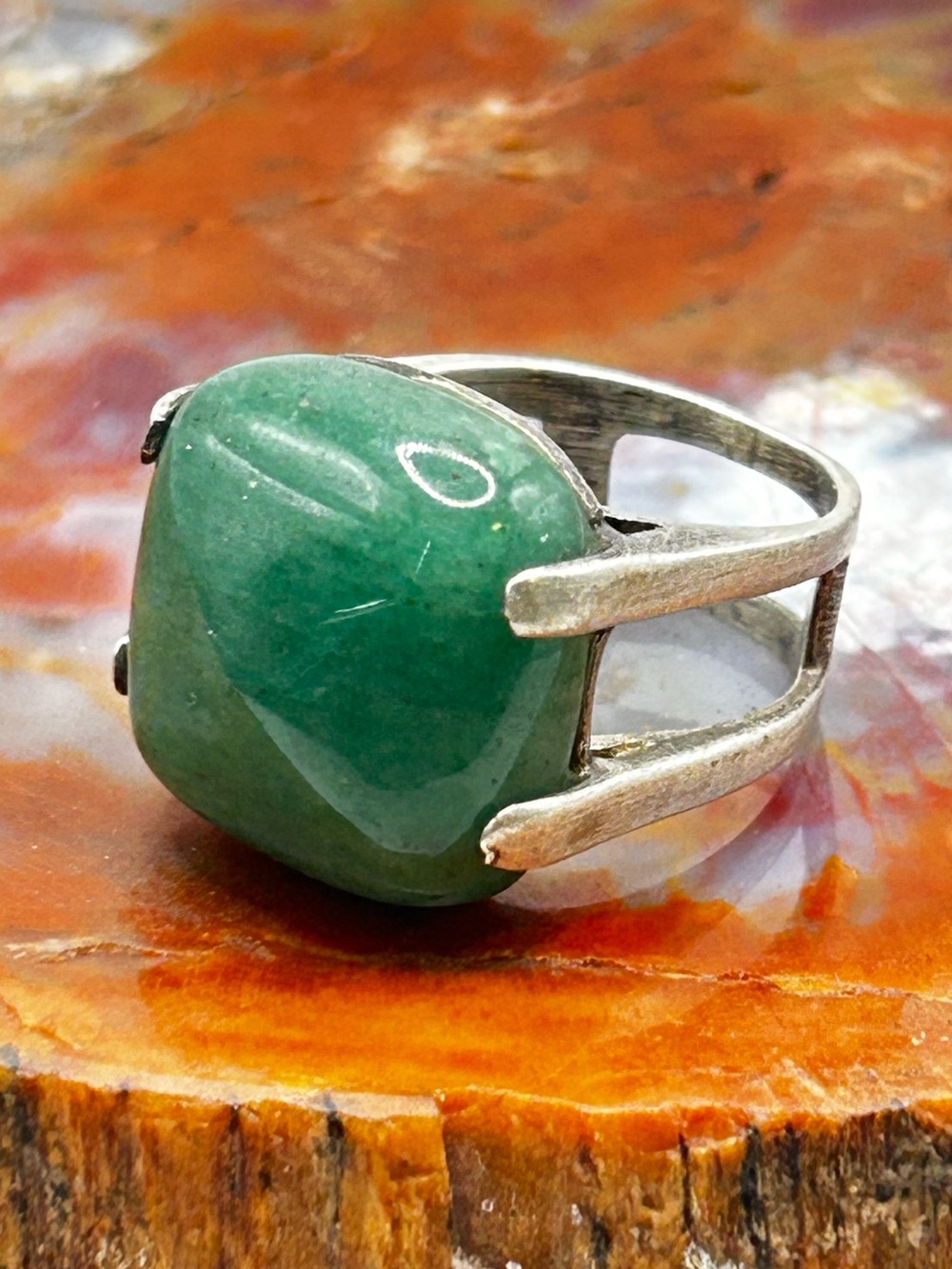 Vintage Green Aventurine Ring, Sterling Silver - Size 6